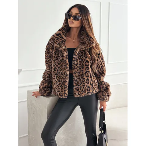 Europe And America  Women's Clothing   Autumn And Winter New Fashion Leopard Print Long Sleeve Furry Short Coat