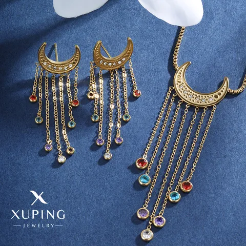 304 Stainless Steel 18K Gold Plated Glam XUPING Sweet Tassel Plating Inlay Moon Artificial Gemstones Jewelry Set