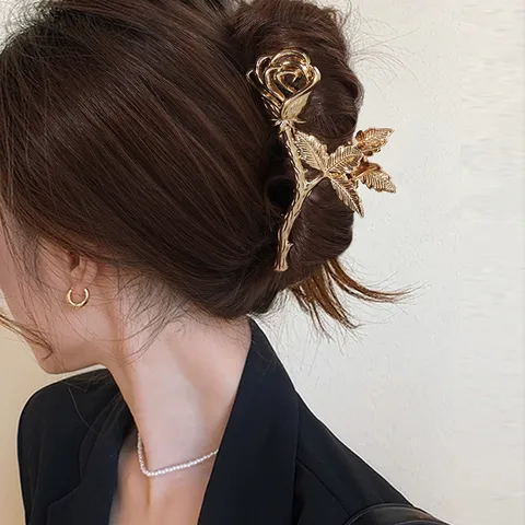 Temperament Wild Hollow Rose Flower Hair Clip Metallic Fashion Personality Back Head Updo Shark Clip New Hair