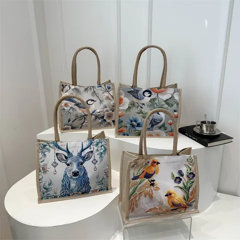 Women's Small Canvas Animal Flower Streetwear Square Magnetic Buckle Shoulder Bag Shopping Bags