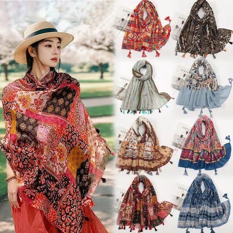 Export Cotton And Linen Feel Scarf National Style Clothing Wear Silk Scarf Women's Ethnic Style Sun Protection Tassel Shawl