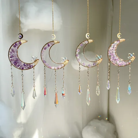 Simple Style Sunshine Catcher Garden Pendant Wind Chimes Crystal Ornaments Rainbow Curved Moon Shape Ornaments Wind Chimes