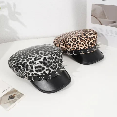 Women's Punk British Style Leopard  Curved Eaves Newsboy Cap