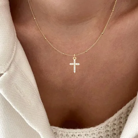 201 Stainless Steel 304 Stainless Steel Copper Inlay Cross Zircon Pendant Necklace