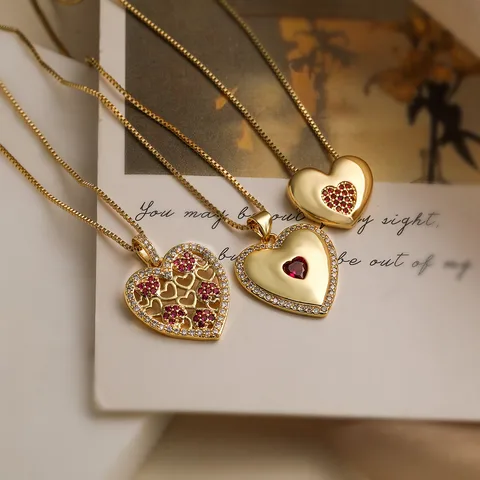 Copper 18K Gold Plated Inlay Heart Shape Zircon Pendant Necklace