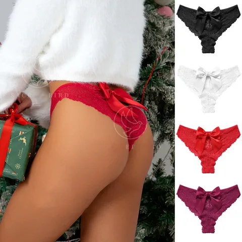 Lace Edge Big Bow Sexy Small Briefs Underwear  Plus Size Christmas Style Cotton Crotch Women's Underwear