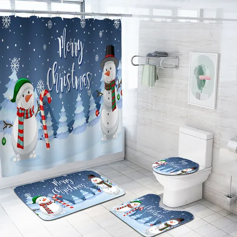 Factory Direct Supply 3D HD Digital Printing  Hot Sale Christmas Waterproof Polyester Shower Curtain Floor Mat Recommended