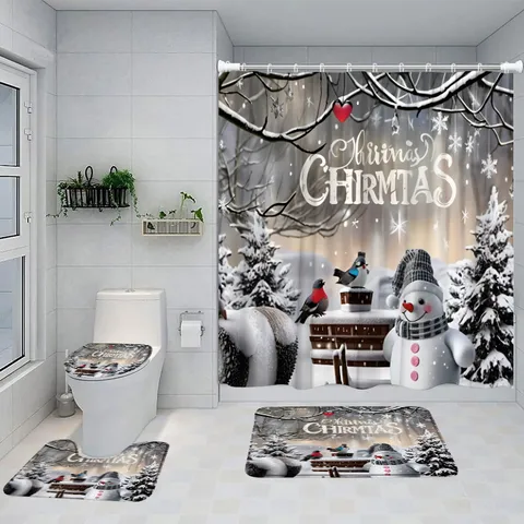 Factory    Shower Curtain Four-Piece Digital Printing Christmas Series Waterproof And Mildew-Proof Shower Curtain