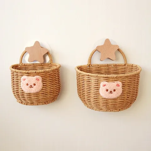 Ginger Garlic Storage Basket Cartoon Bear Kitchen Imitation Rattan Woven Eggs Ginger Garlic Storage Basket Wall-mounted Storage Box