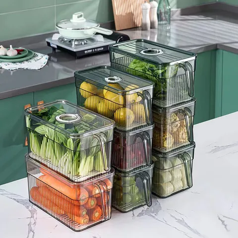 Refrigerator Storage Box Kitchen Transparent PET Time-keeping Draining Crisper Large Capacity Fruit And Vegetable Storage Box With Handle