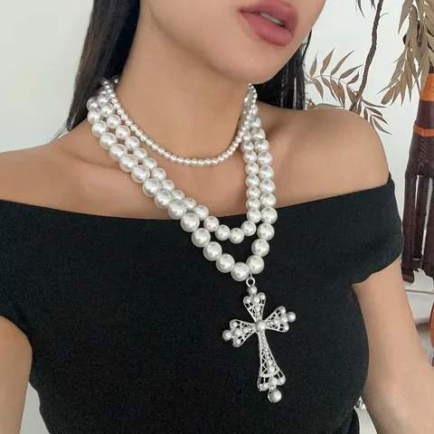 Elegant Luxurious Bridal Cross Artificial Pearl Alloy Baroque Pearls Wholesale Layered Necklaces