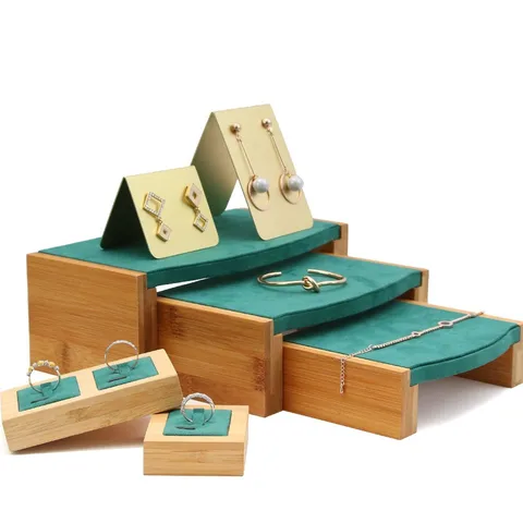 Jewelry Display Stand Green Bamboo Microfiber Jewelry Rack Display Stand Three-Piece Set Ring Stand Earring Rack Bracelet Stand