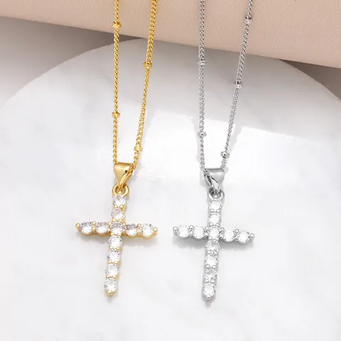 201 Stainless Steel Copper 18K Gold Plated Plating Inlay Cross Zircon Pendant Necklace