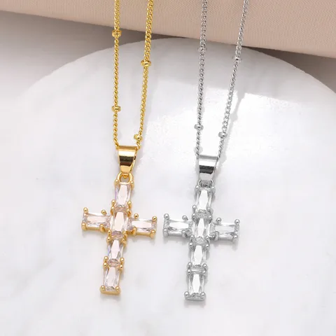 Copper 18K Gold Plated Plating Inlay Cross Zircon Pendant Necklace