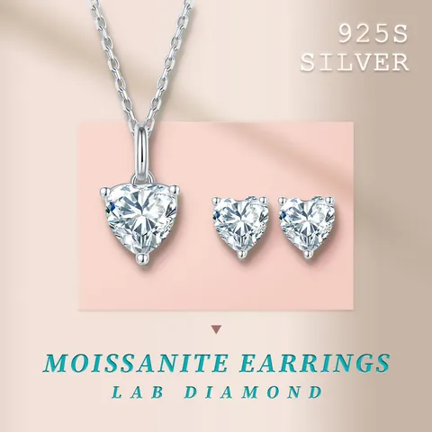 Classic Simple Heart-Shaped 1 Karat Moissanite Ear Stud Pendant Suit Hot Sale Gift For Ladies