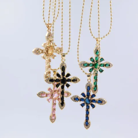 Copper 18K Gold Plated Plating Cross Zircon Pendant Necklace