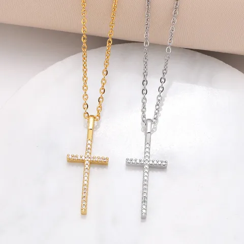 Copper 18K Gold Plated Plating Inlay Cross Zircon Pendant Necklace