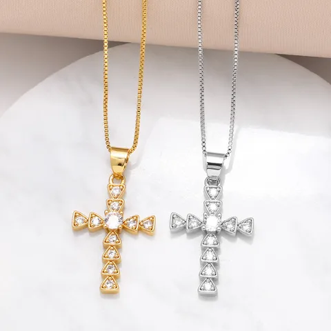 Copper 18K Gold Plated Plating Inlay Cross Zircon Pendant Necklace