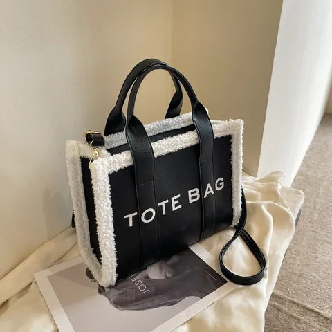 Cross-Border Large Capacity Lamb Wool Tote Bag Female Letter Tote Winter European And American Commuters' One-Shoulder Crossboby Bag