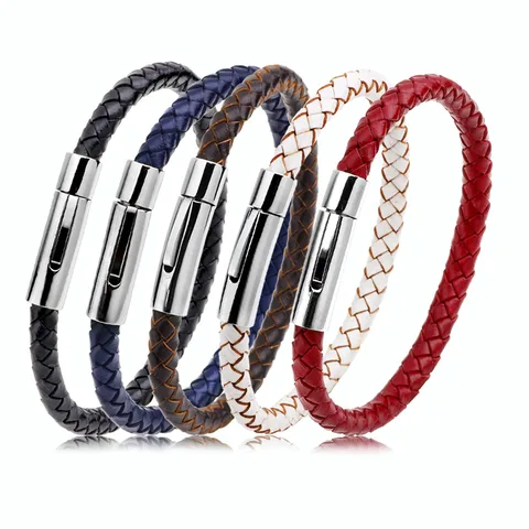 Hot Jewelry Fashion Simple Stainless Steel Button Bracelet Cowhide Woven Wavy Plaid Distinctive Bracelet For Men