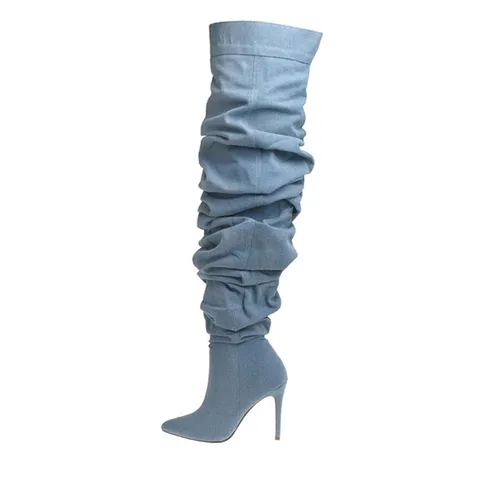 New  Style Pointed Toe Denim Stiletto Heel Over-the-knee Boots  Stitching High Heel Sleeve Fashion Boots For Four Seasons