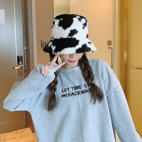 Korean Style Cow Pattern Plush Fisherman Hat Women's Autumn And Winter Warm Cold-proof Basin Hat  Big Head Circumference Fashion Hat Fashion