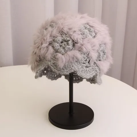 Autumn And Winter Warm Handmade Crochet Rabbit Fur Knitted Wool Hat Women's Korean-style Cute Hollow Flower Headgear