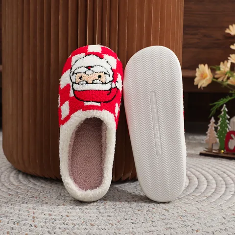 Unisex Casual Santa Claus Plaid Round Toe Cotton Slippers