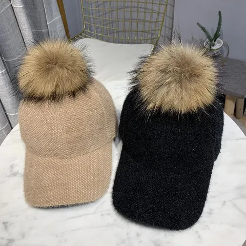 Hat Women's Autumn And Winter Korean Fashion Cap Plush  Winter Windproof Warm Cap Raccoon Fur Ball Baseball Cap