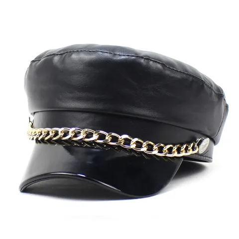 Navy Cap Women Autumn And Winter Leather PU Hat Cyber Celebrity Fashion Black Cap Chain Curved Beave Beret Trendy Cap