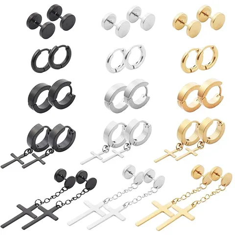 15 Pairs Men's Stainless Steel Earrings Hypoallergenic Earrings Cross Earrings Neutral Punk Earrings Men