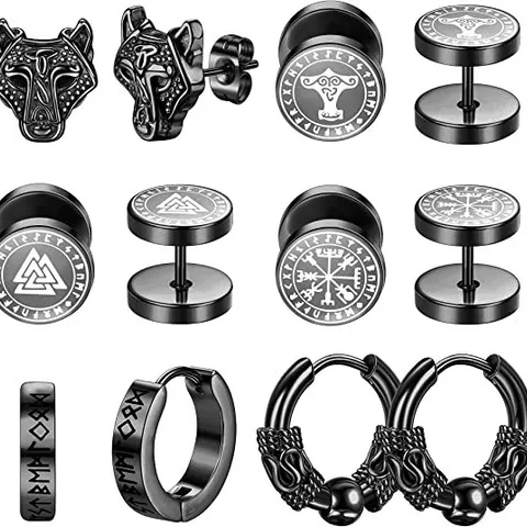 Nordic Unique Viking Logo Rune Wolf Head Stainless Steel Earrings Screw Flat Back Black Men's And Women's Earrings