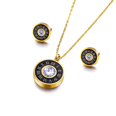 Wholesale Jewelry Casual Simple Style Classic Style Round Roman Numeral 304 Stainless Steel Zircon 18K Gold Plated Enamel Inlay Jewelry Set