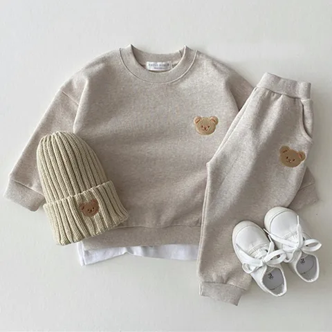 Korean-style  Newborn Baby Toddler Cotton Bear Crewneck Sweater Sports Suit Baby Casual Cartoon Two-piece Set