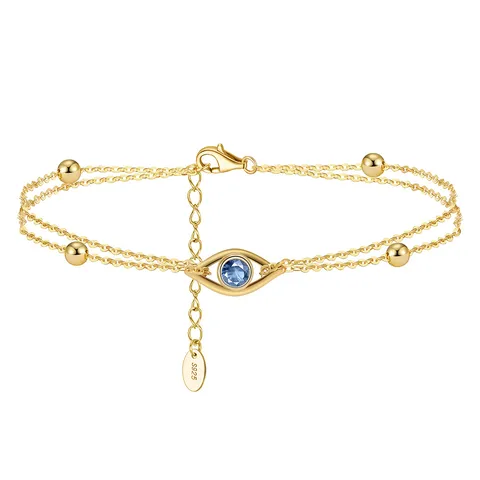 BAPB04  Pure 925 Sterling Silver Ball Chain Bracelet 14K Gold Plated 2 Layers Evil Eyes Bracelet For Women