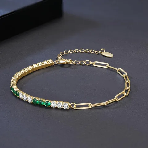 SB177 S925 Sterling Silver Bracelet 3mm Round White&Green CZ 14K Gold Plated Tennis Chain PaperClip Chain Bracelet For Women