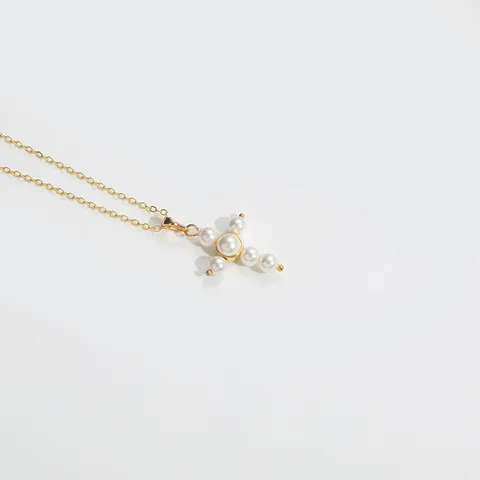 Artificial Pearl Copper 14K Gold Plated Beaded Enamel Inlay Cross Palm Zircon Pendant Necklace