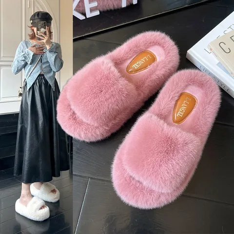 Autumn And Winter Simple Small Furry Slippers Women's Thick Bottom Increased Leisure Home Slippers