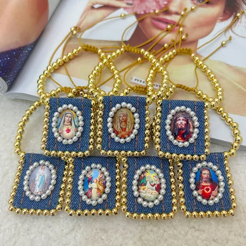 Brass 18K Gold Plated Beaded Portrait Square Drawstring Bracelets