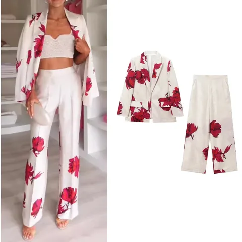 Holiday Cocktail Party Women's Casual Elegant Flower Polyester Blending Printing Pants Sets Blazer Suits Pants Sets