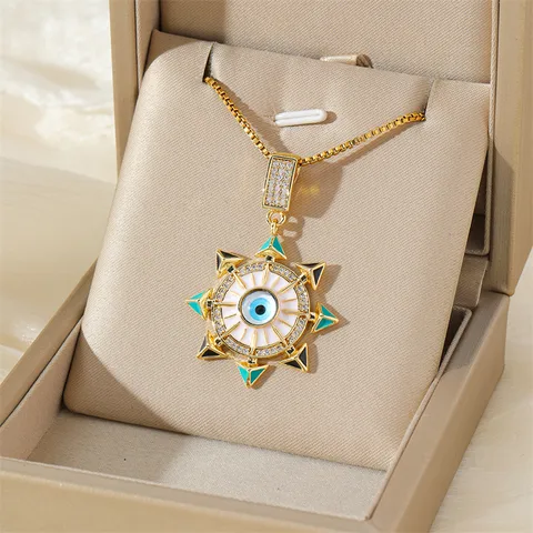 201 Stainless Steel Brass 18K Gold Plated Enamel Inlay Eye Zircon Pendant Necklace