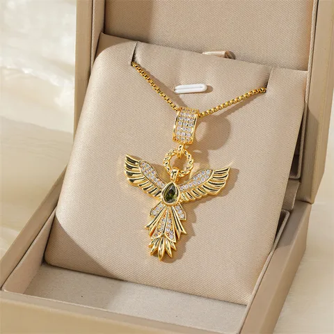 201 Stainless Steel Brass 18K Gold Plated Hollow Out Inlay Angel Wings Zircon Pendant Necklace