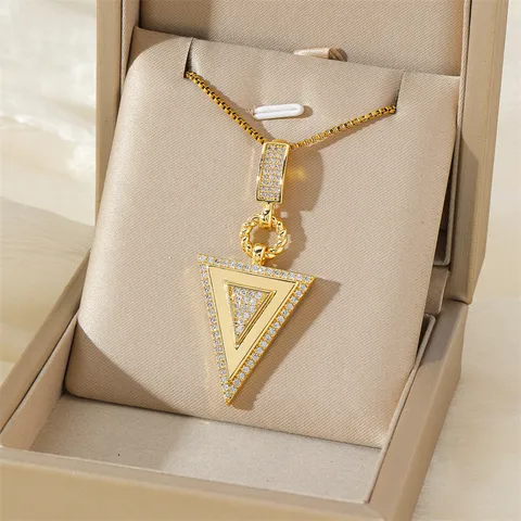 201 Stainless Steel Brass 18K Gold Plated Inlay Triangle Zircon Pendant Necklace