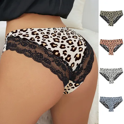 Leopard Seamless Breathable Quick Dry Lace Low Waist Briefs Panties