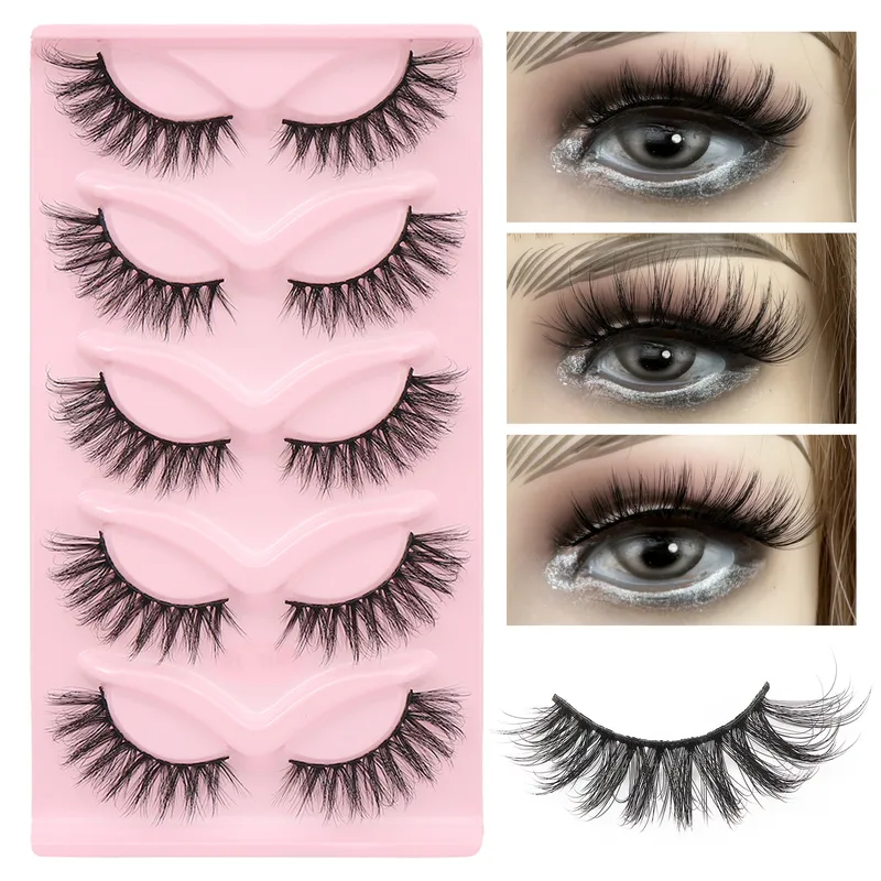 5 Pairs Of  Cat Eye Fox Fake Eyelash Black Stem Thick Curly Natural Simulation Cross