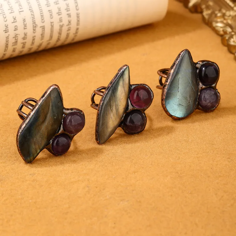 Copper Handmade Inlay Asymmetrical Irregular Labradorite Amethyst  Open Rings