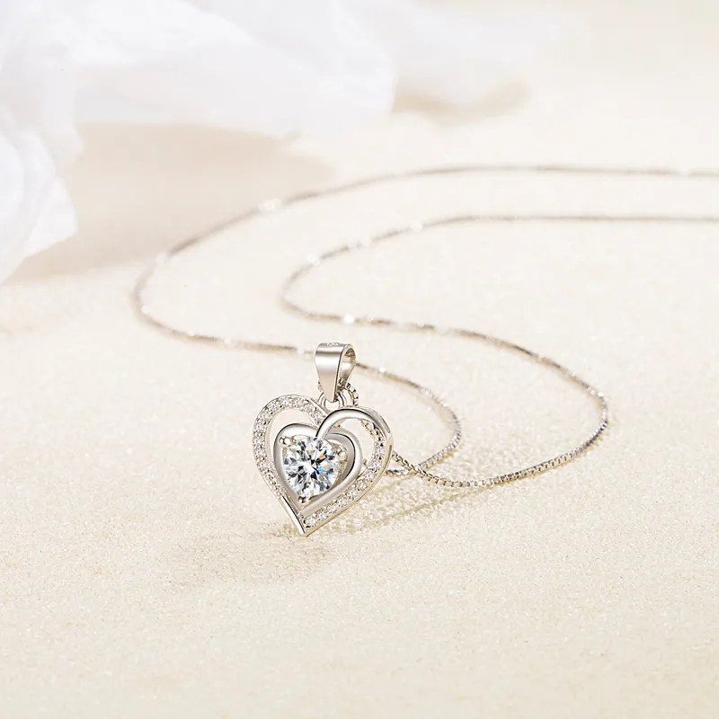 Sterling Silver Box Chain Diamond Heart Shape Pendant Necklace