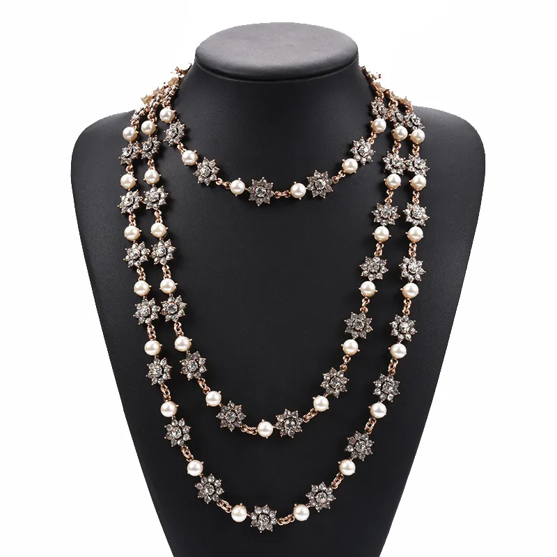 Style Exaggerated Jewelry Multi-layer Pearl Crystal Gem Necklace Long Sweater Chain Accessories