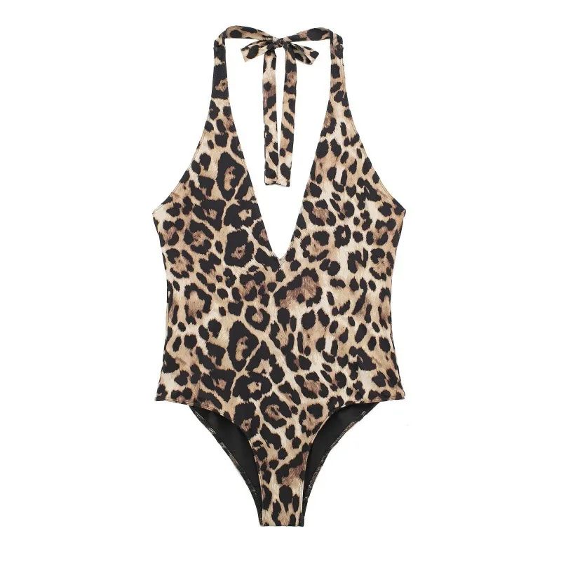 Spring And Summer New   Women's Animal Print Printed Neck Swimming Trunks Leopard Print Slim-fit Jumpsuit