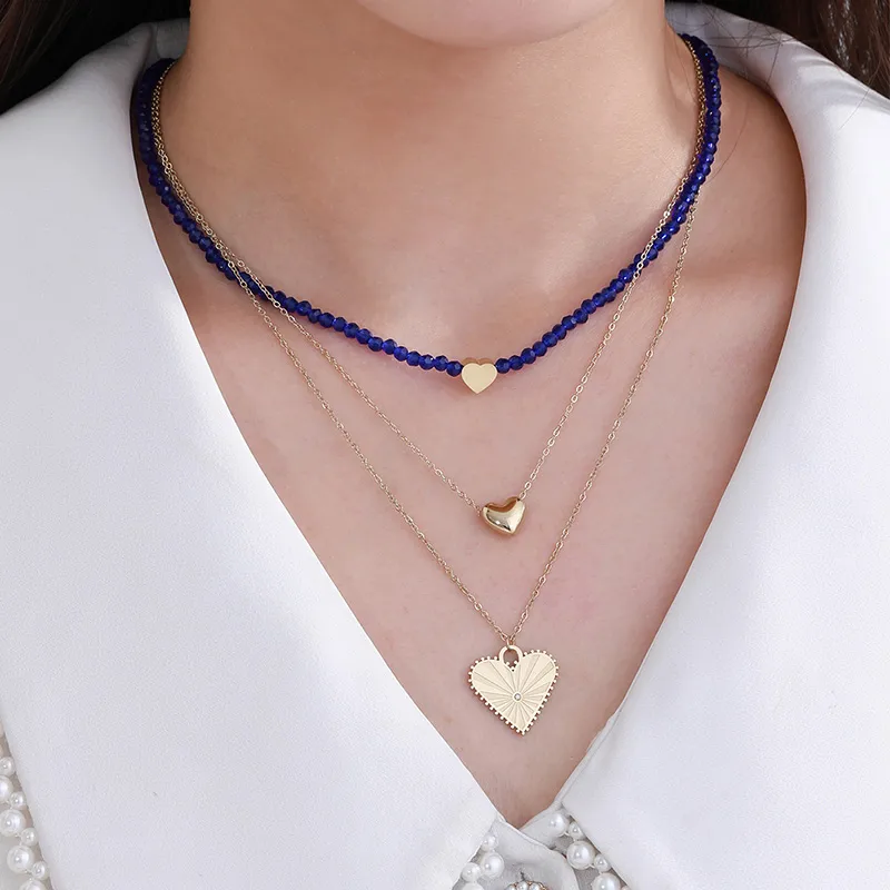 XUPING Heart Shape 18K Gold Plated Artificial Gemstones 304 Stainless Steel Beaded Wholesale Three Layer Necklace